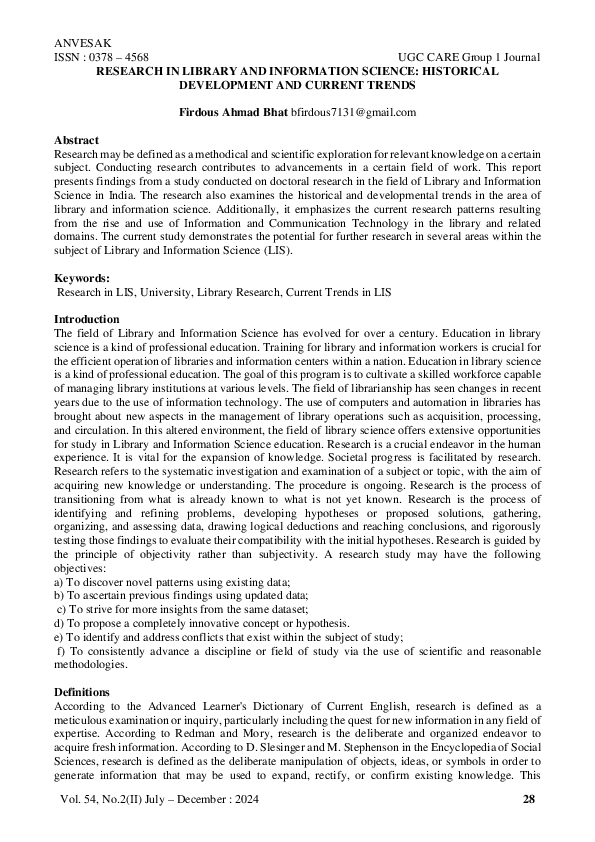 (PDF) RESEARCH IN LIBRARY AND INFORMATION SCIENCE: HISTORICAL ...