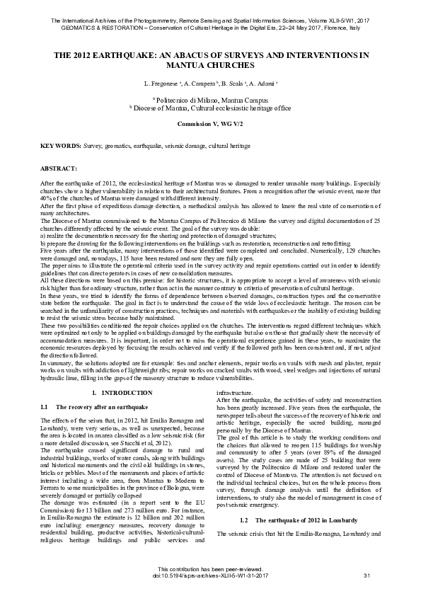 (PDF) The 2012 Earthquake: An Abacus of Surveys and Interventions in ...