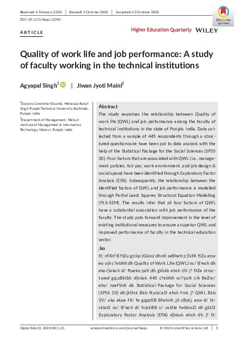 (PDF) Quality of work life and job performance: A study of faculty ...