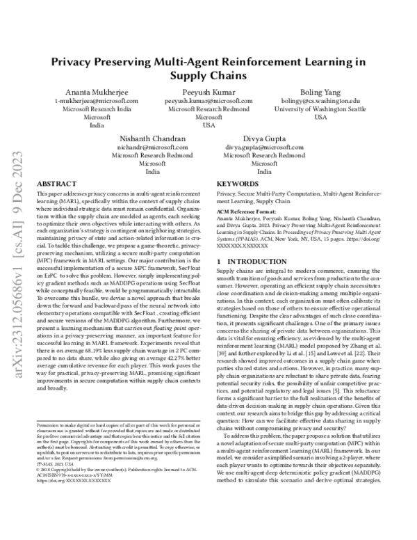 (PDF) Privacy Preserving Multi-Agent Reinforcement Learning in Supply ...