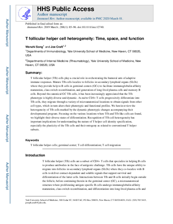 (PDF) T follicular helper cell heterogeneity: Time, space, and function ...