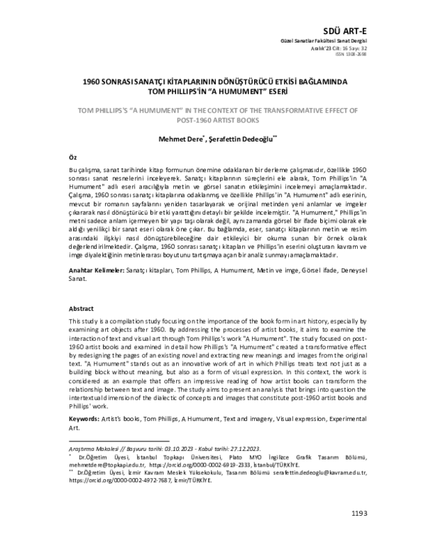 (PDF) 1960 Sonrası Sanatçı Kitaplarının Dönüştürücü Etkisi Bağlamında ...