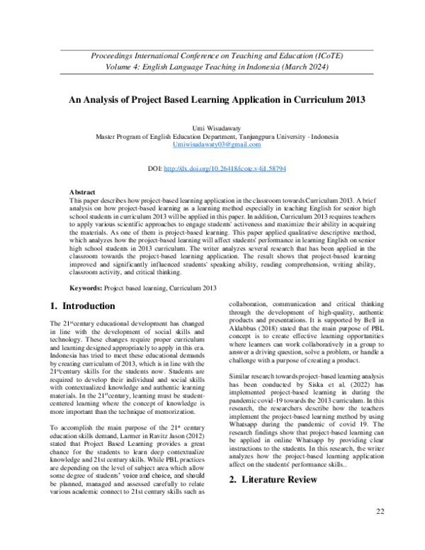 (PDF) An Analysis of Project Based Learning Application in Curriculum 2013