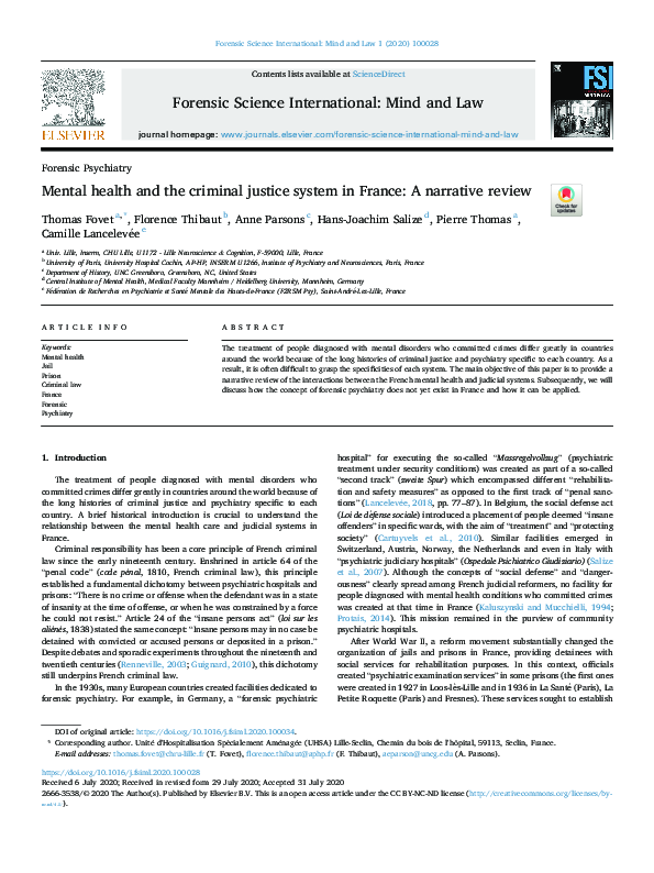 (PDF) Mental health and the criminal justice system in France: A ...