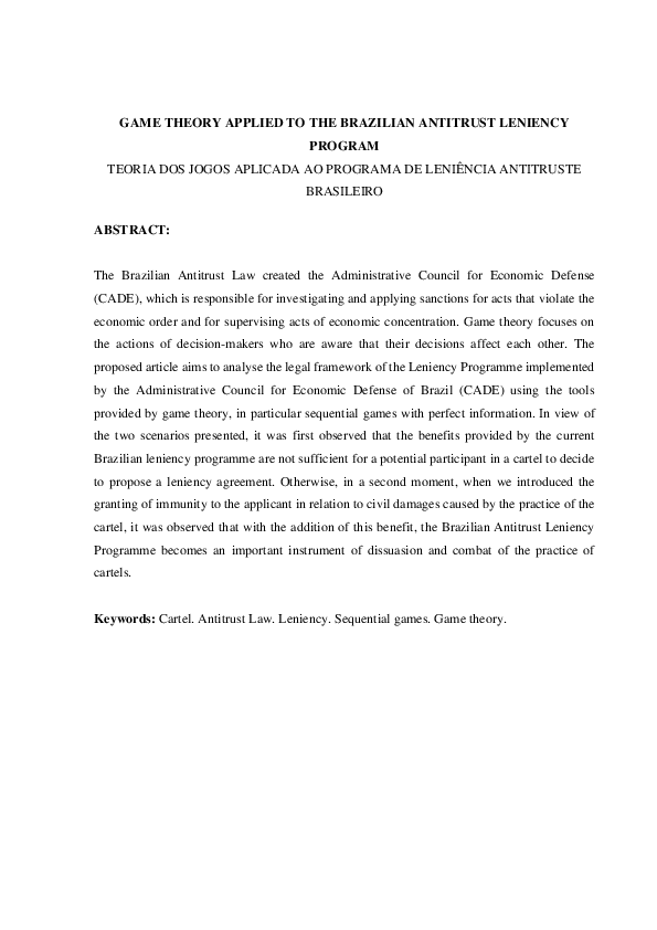 (PDF) Game Theory Applied to the Brazilian Antitrust Leniency Program