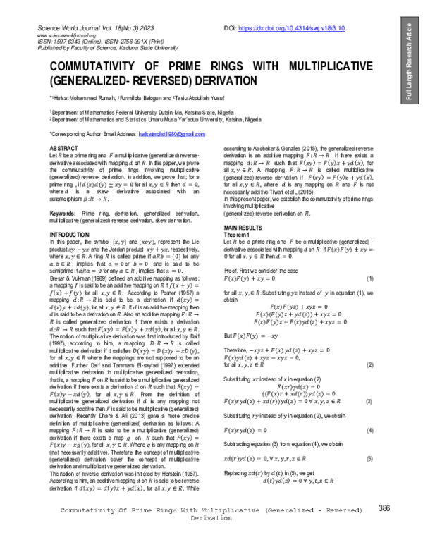 (PDF) Commutativity of prime rings with multiplicative (generalized ...