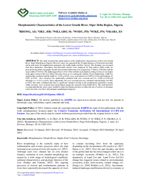 (PDF) Morphometric Characteristics of the Lower Orashi River, Niger ...