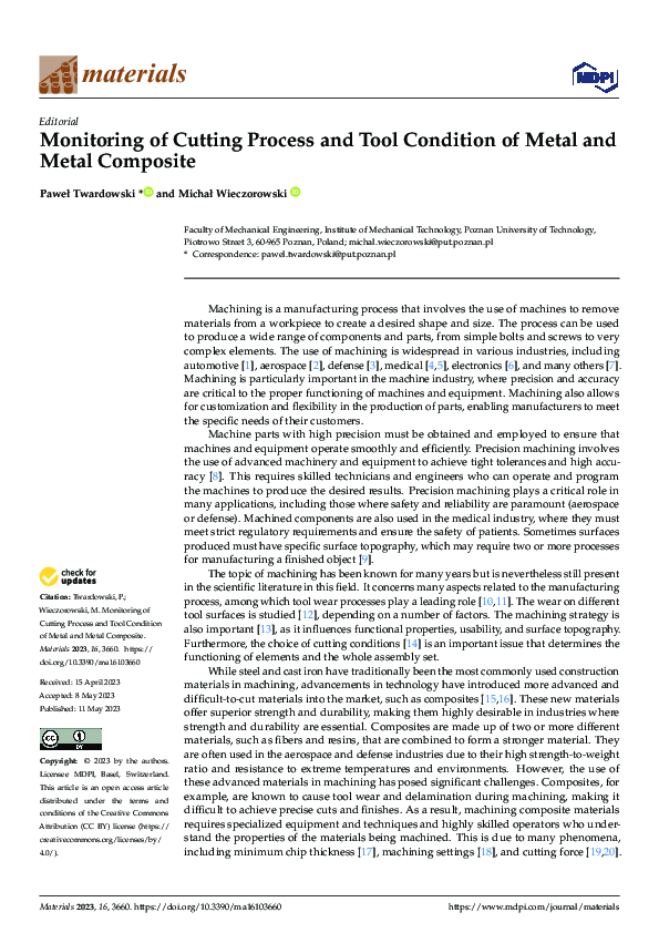 (PDF) Monitoring of Cutting Process and Tool Condition of Metal and ...