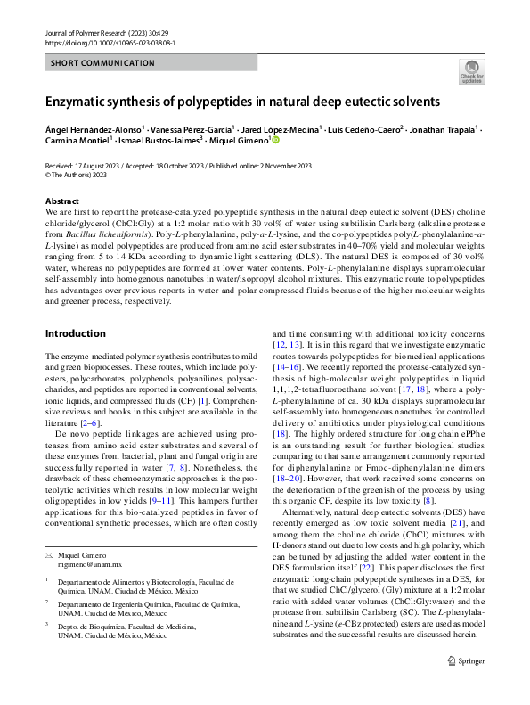(PDF) Enzymatic synthesis of polypeptides in natural deep eutectic solvents