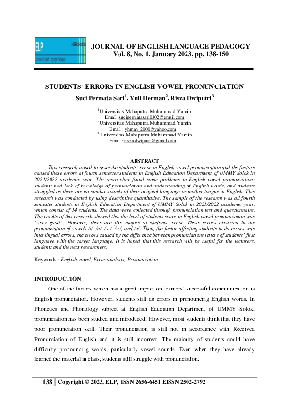 (PDF) Students’ Errors in English Vowel Pronunciation