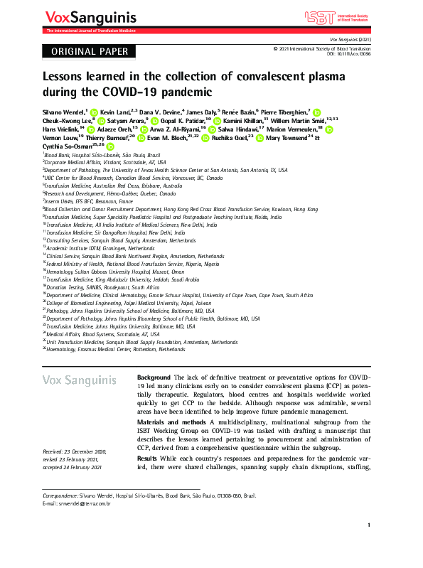 (PDF) Lessons learned in the collection of convalescent plasma during ...