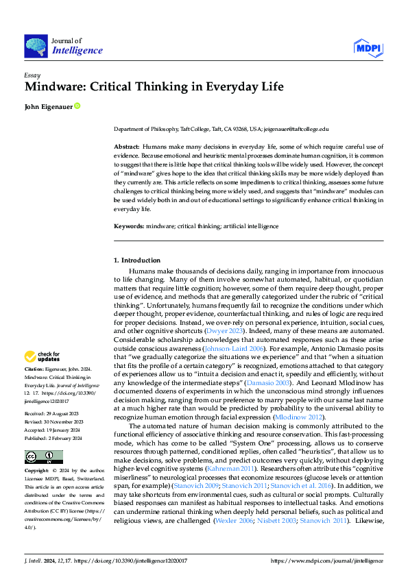 (PDF) Mindware: Critical Thinking in Everyday Life