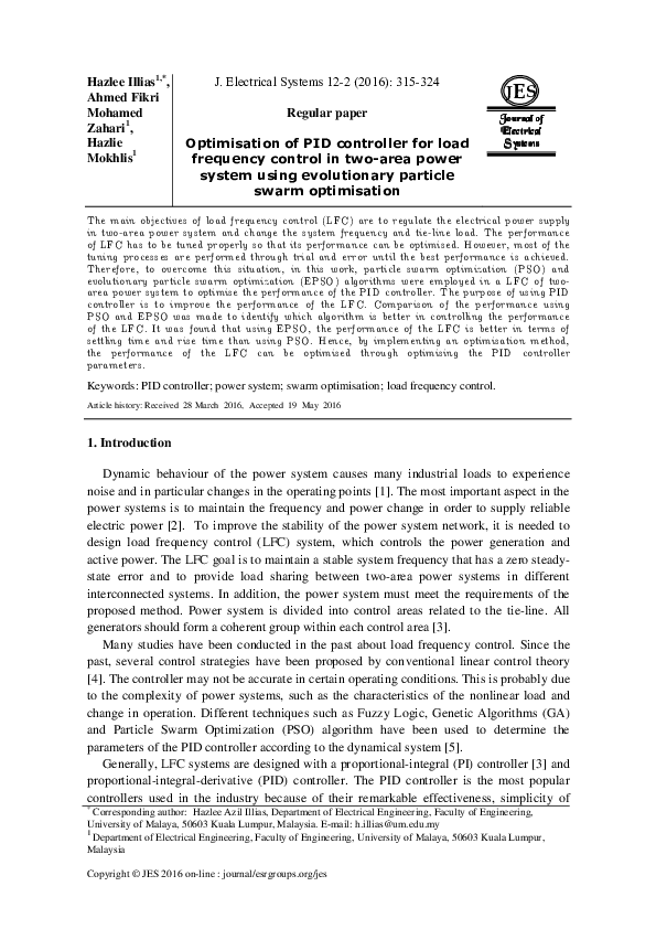 (PDF) Optimisation of PID controller for load frequency control in two ...