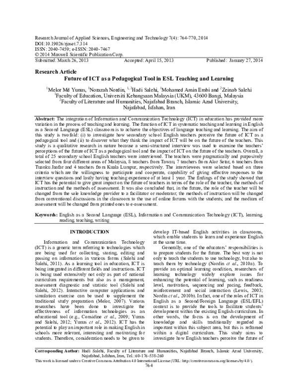 (PDF) Future of ICT as a Pedagogical Tool in ESL Teaching and Learning