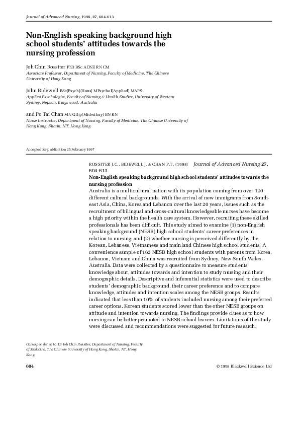 (PDF) Non‐English speaking background high school students’ attitudes towards the nursing