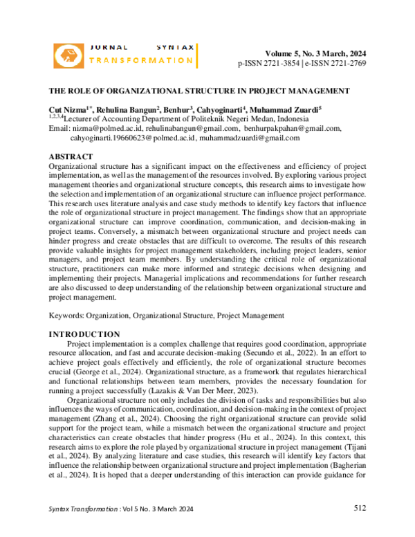 (PDF) The Role of Organizational Structure in Project Management
