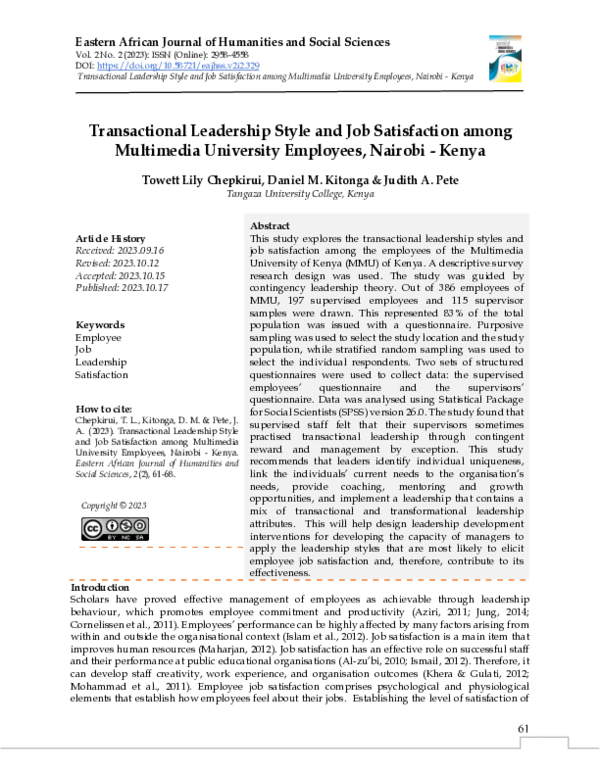 (PDF) Transactional Leadership Style and Job Satisfaction among ...