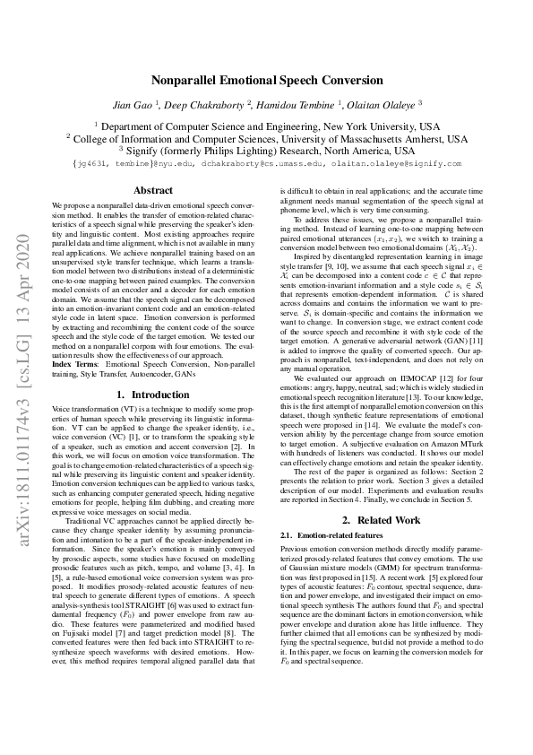 (PDF) Nonparallel Emotional Speech Conversion