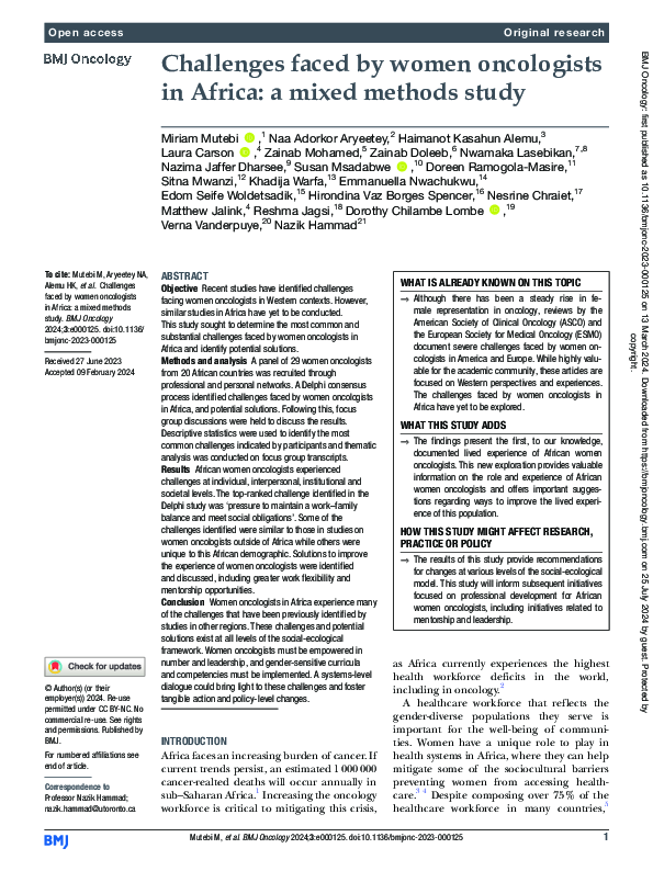 (PDF) Challenges faced by women oncologists in Africa: a mixed methods ...