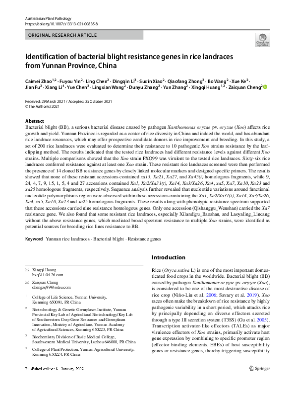 (PDF) Identification of bacterial blight resistance gene Xa7 in rice ...