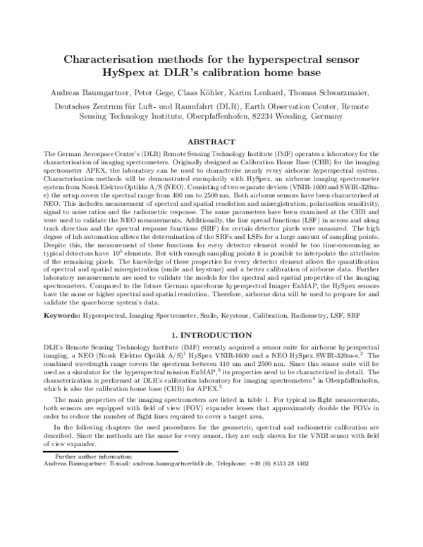 (PDF) Characterisation methods for the hyperspectral sensor HySpex at ...