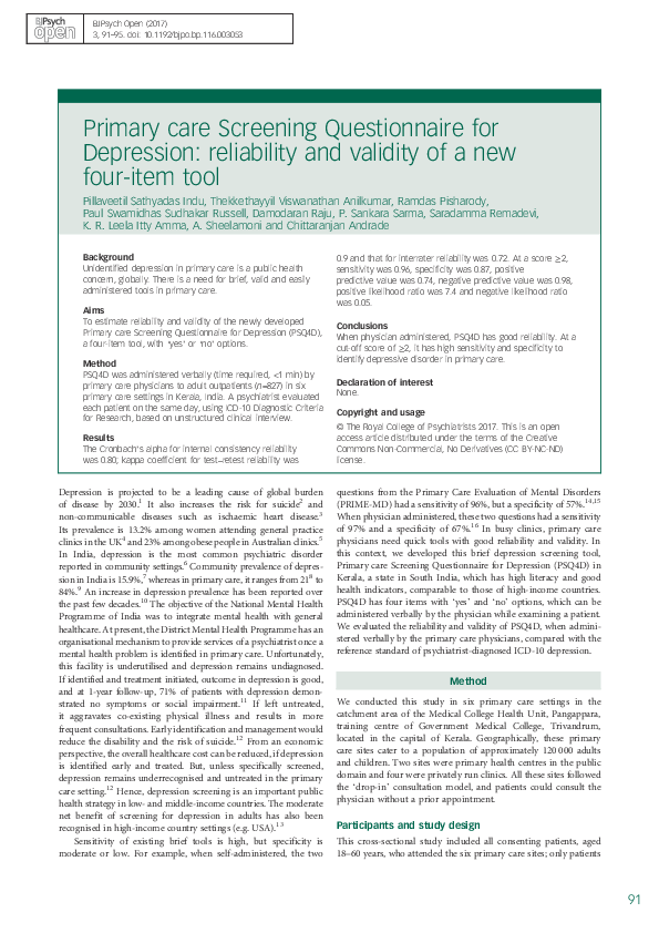 (PDF) Primary care Screening Questionnaire for Depression: reliability ...