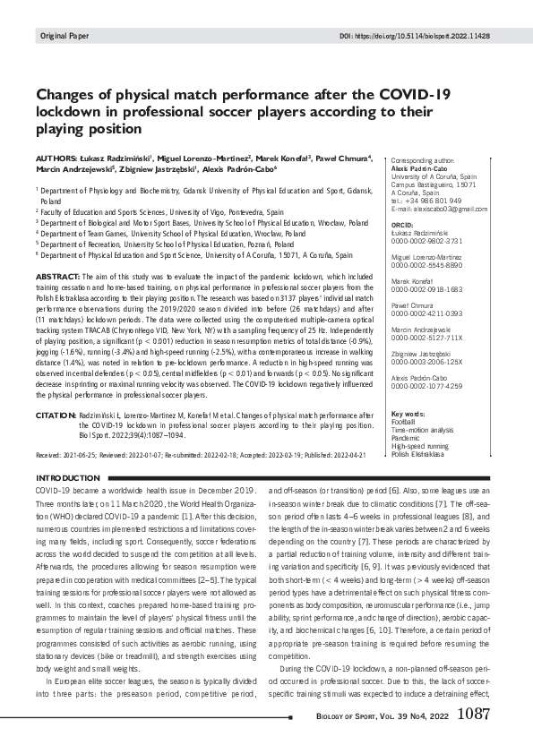 (PDF) Changes of physical match performance after the COVID-19 lockdown ...