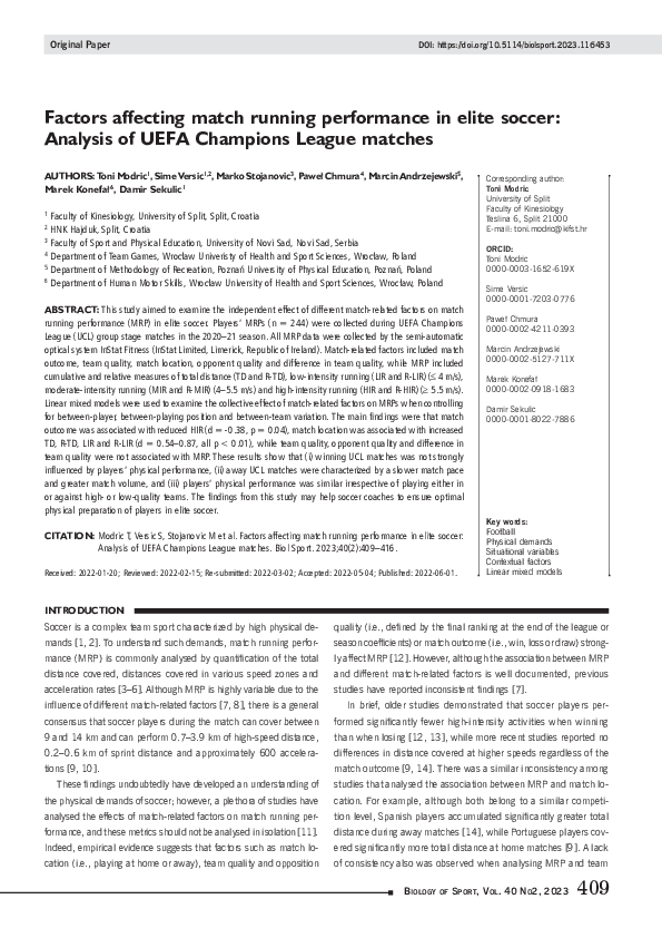 (PDF) Factors affecting match running performance in elite soccer ...