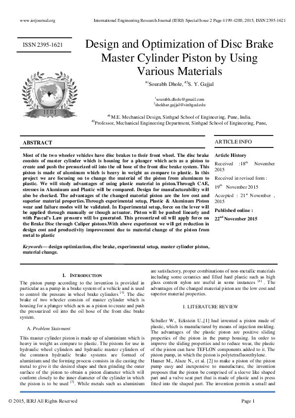 (PDF) Design and Optimization of Disc Brake Master Cylinder Piston by ...