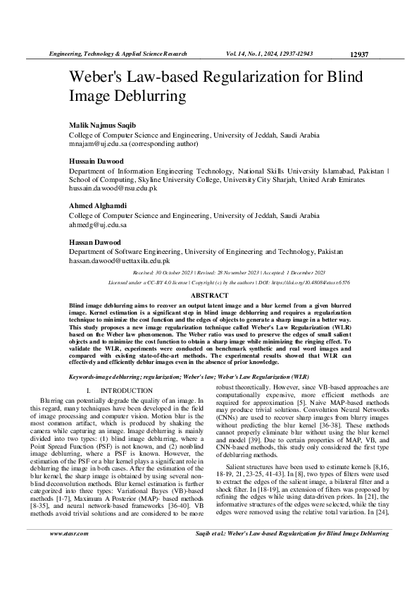 (PDF) Weber's Law-based Regularization for Blind Image Deblurring