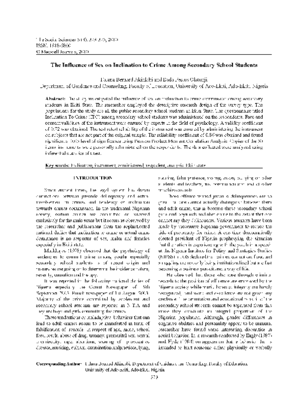 (PDF) The Influence of Sex on Inclination to Crime Among Secondary ...