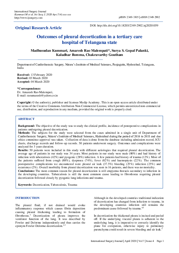 (PDF) Outcomes of pleural decortication in a tertiary care hospital of ...