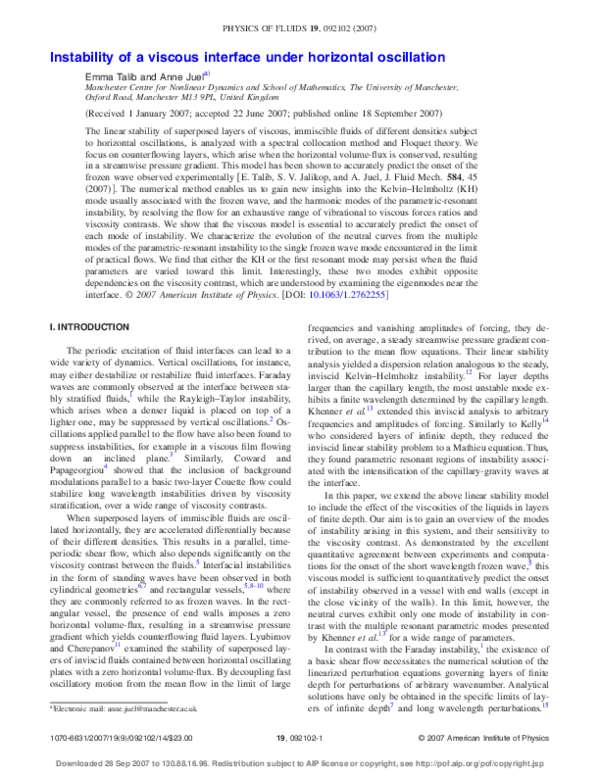 (PDF) Instability of a viscous interface under horizontal oscillation