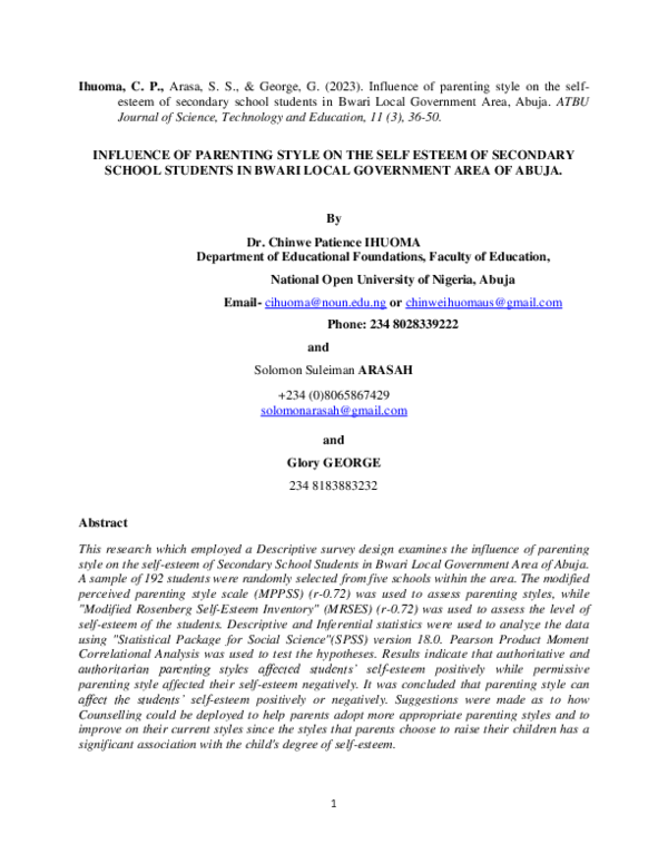 (PDF) INFLUENCE OF PARENTING STYLE ON THE SELF ESTEEM OF SECONDARY ...