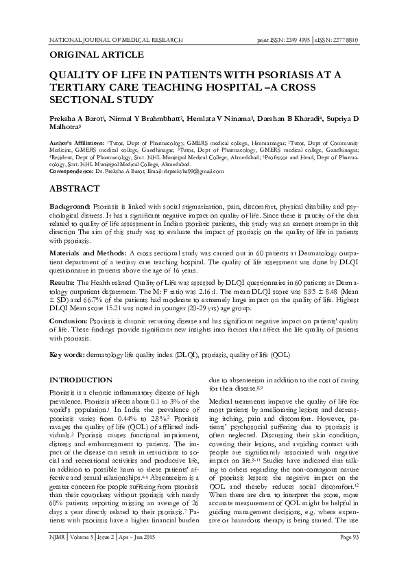(PDF) QUALITY OF LIFE IN PATIENTS WITH PSORIASIS AT A TERTIARY CARE ...