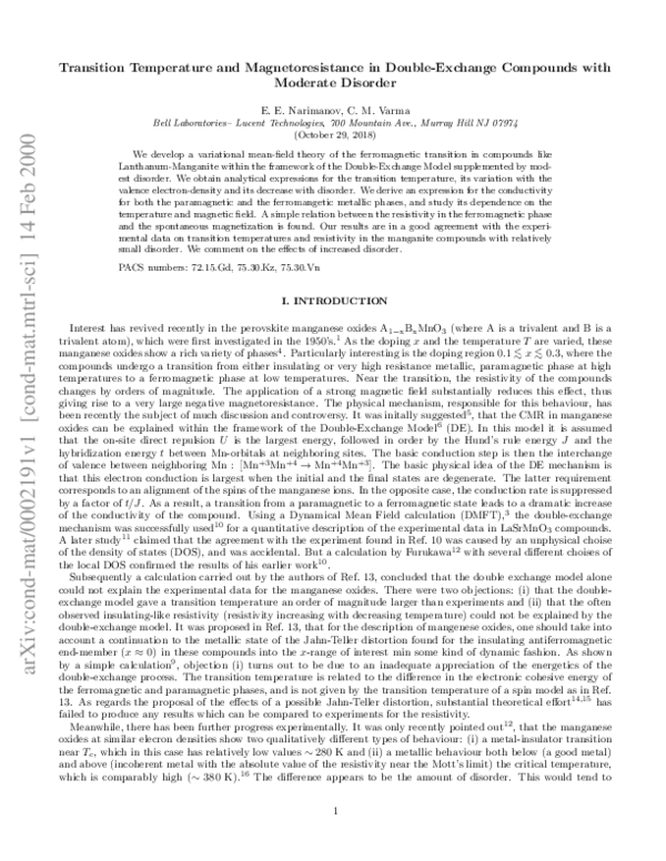 (PDF) Transition temperature and magnetoresistance in double-exchange ...
