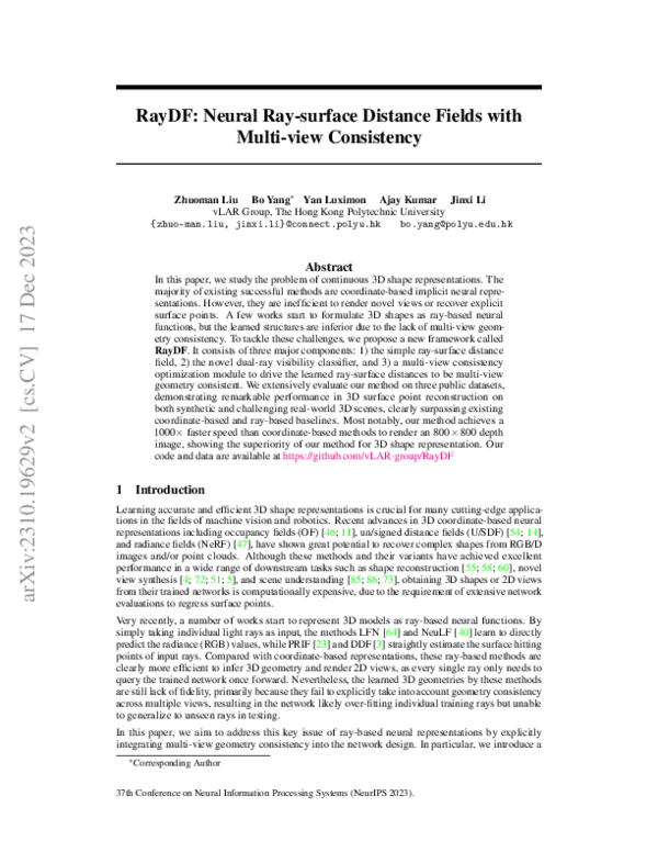 (PDF) RayDF: Neural Ray-surface Distance Fields with Multi-view Consistency