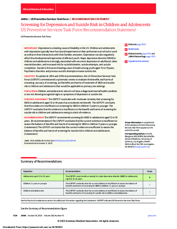 (PDF) Screening for Depression and Suicide Risk in Children and Adolescents