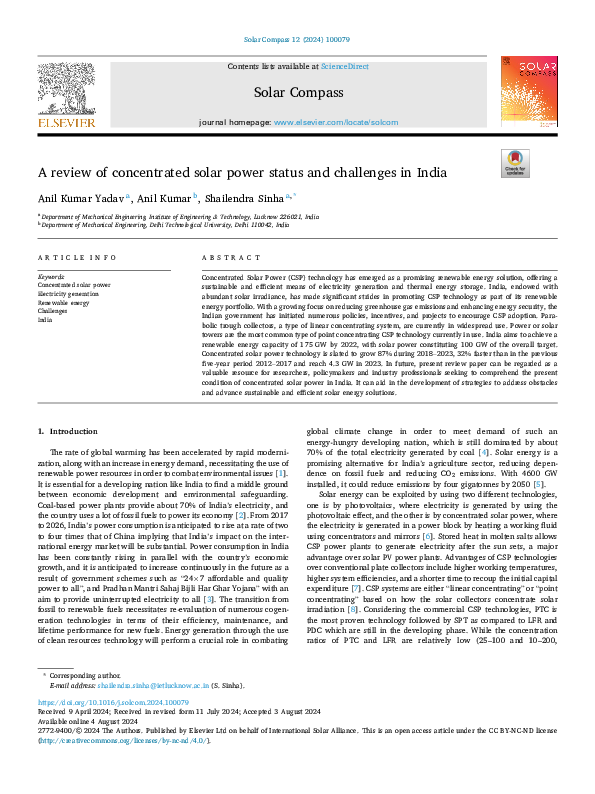 (PDF) A review of concentrated solar power status and challenges in India
