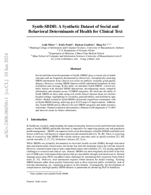 (PDF) Synth-SBDH: A Synthetic Dataset of Social and Behavioral ...