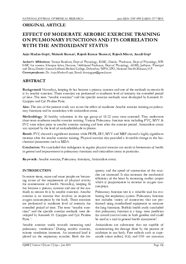 (PDF) EFFECT OF MODERATE AEROBIC EXERCISE TRAINING ON PULMONARY ...
