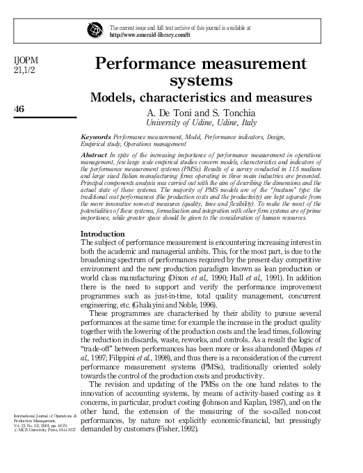 (PDF) Performance measurement systems - Models, characteristics and ...