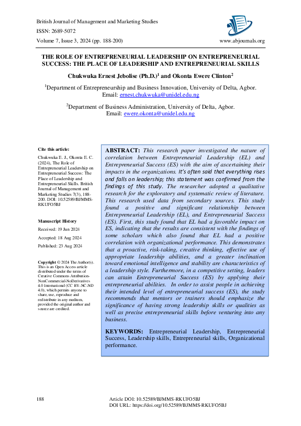 (PDF) THE ROLE OF ENTREPRENEURIAL LEADERSHIP ON ENTREPRENEURIAL SUCCESS ...