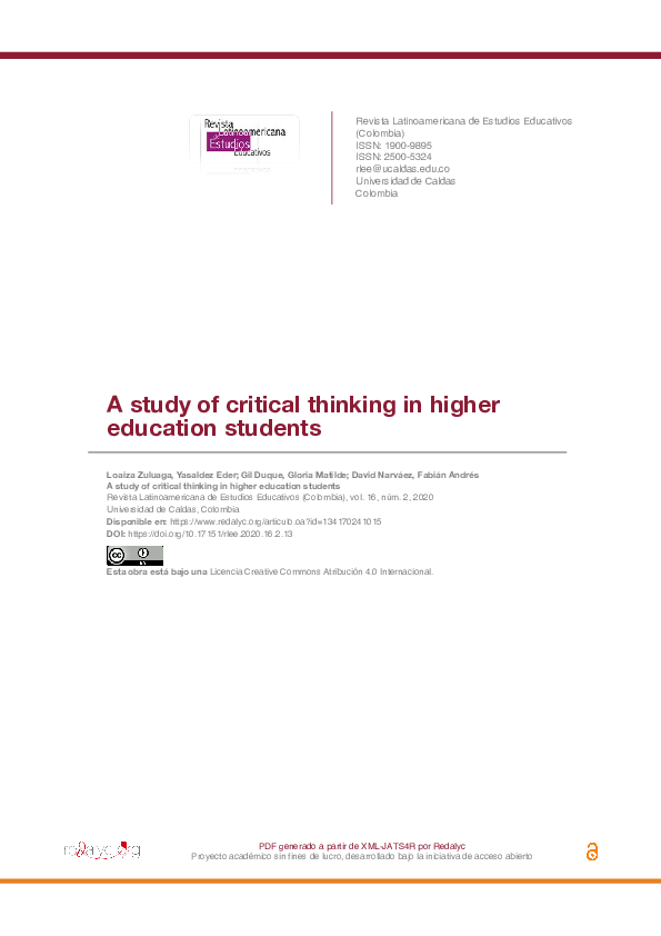 (PDF) A study of critical thinking in higher education students