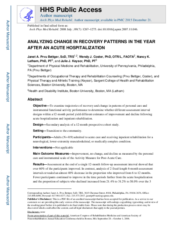 (PDF) Analyzing Change in Recovery Patterns in the Year After Acute ...