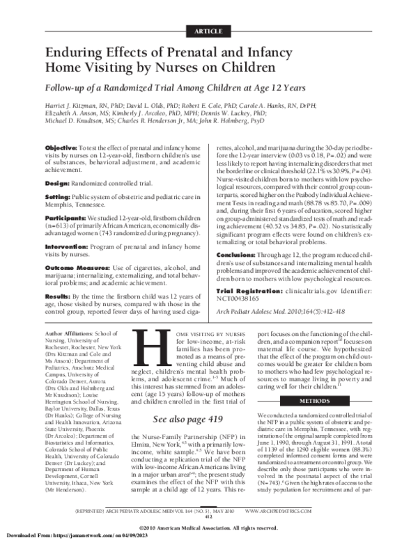 (PDF) Enduring Effects of Prenatal and Infancy Home Visiting by Nurses ...