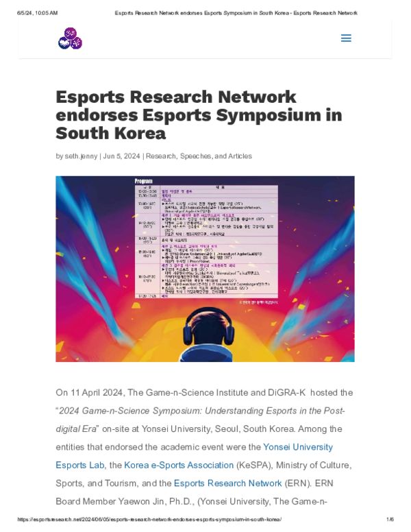 (PDF) Esports Research Network endorses Esports Symposium in South Korea