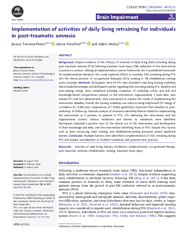 (PDF) Implementation of activities of daily living retraining for ...