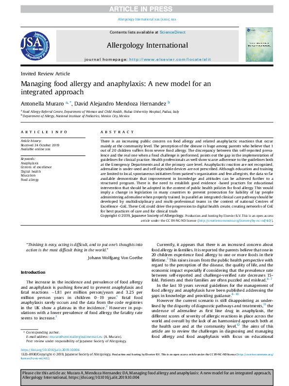 (PDF) Managing food allergy and anaphylaxis: A new model for an ...