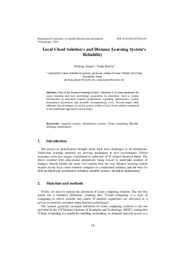(PDF) Local Cloud Solution’s and Distance Learning System’s Reliability